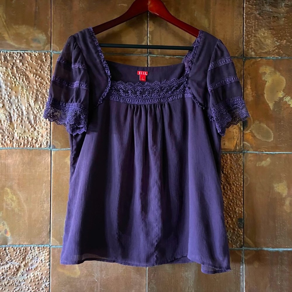 Baby Doll Blouse with Sheer Lace Detail * Plum * Large